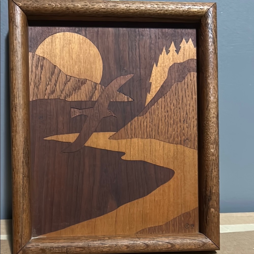 MCM Vintage Bird Wooden inlay Landscape Wall Art